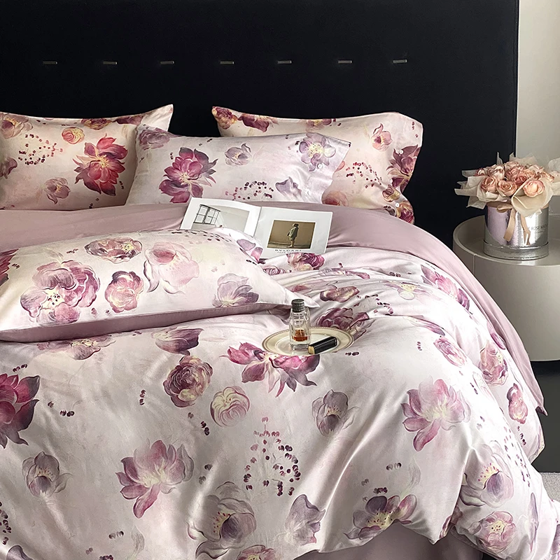 800TC Egyptian Cotton Flowers Print Bedding Set Single Double Queen King Size Duvet cover Set Bed Sheet Fitted Sheet Pillowcases 4