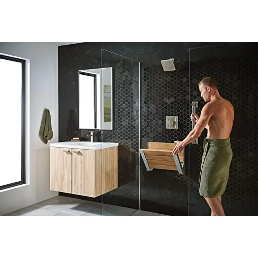 Home Care Teak Wood Aluminum Folding Shower Seat Wall Mounted Bench Bathroom Safety Furniture DN7110 Easy Installation Brushed 4