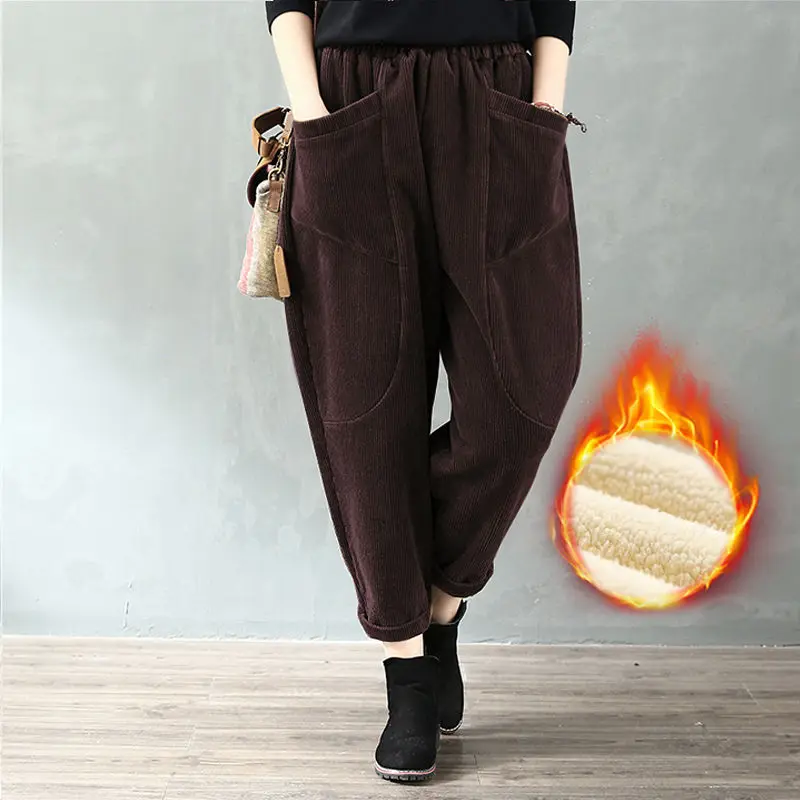 

Women's Autumn and Winter New Fashion Simple Solid Color Pocket Korean Versatile Loose High Waist Plush Corduroy Haren Pants