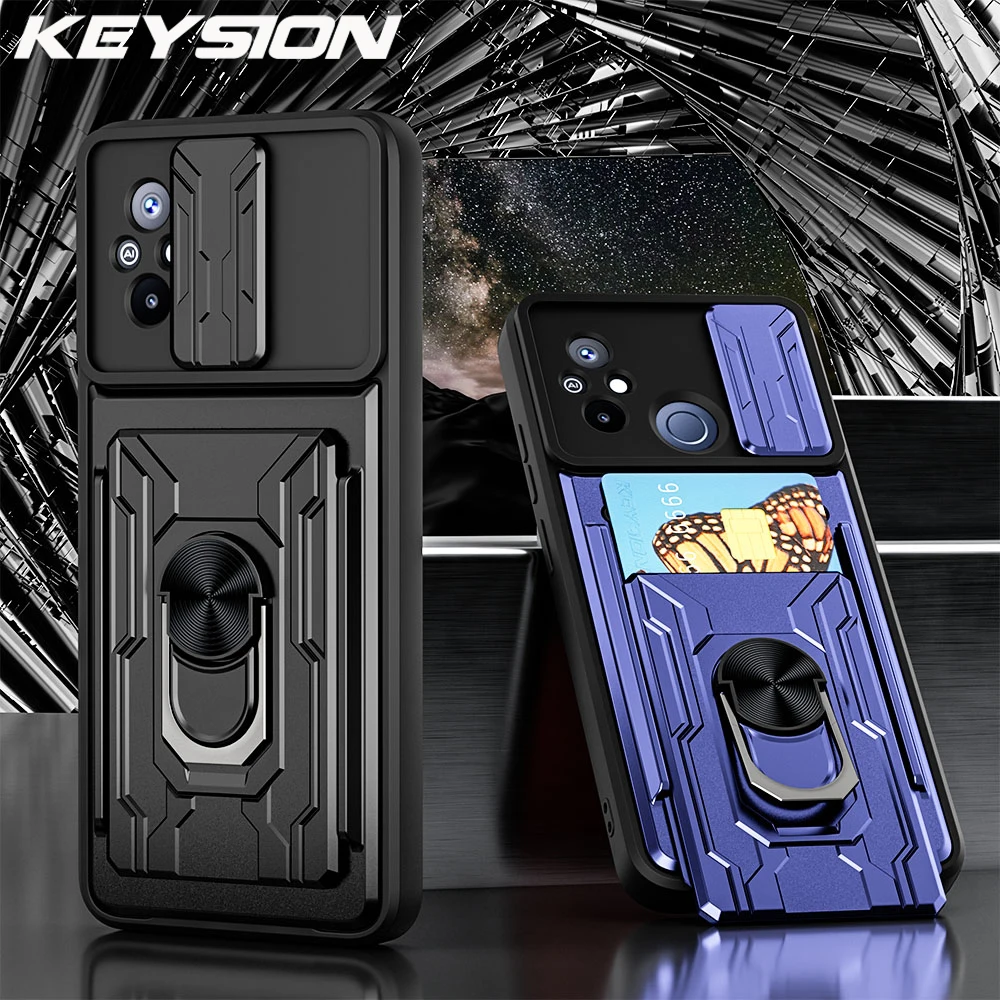 

KEYSION Shockproof Case for Redmi 12C 12 4G Card Bag Slide Camera Protection Ring Stand Phone Back Cover for Xiaomi POCO C55