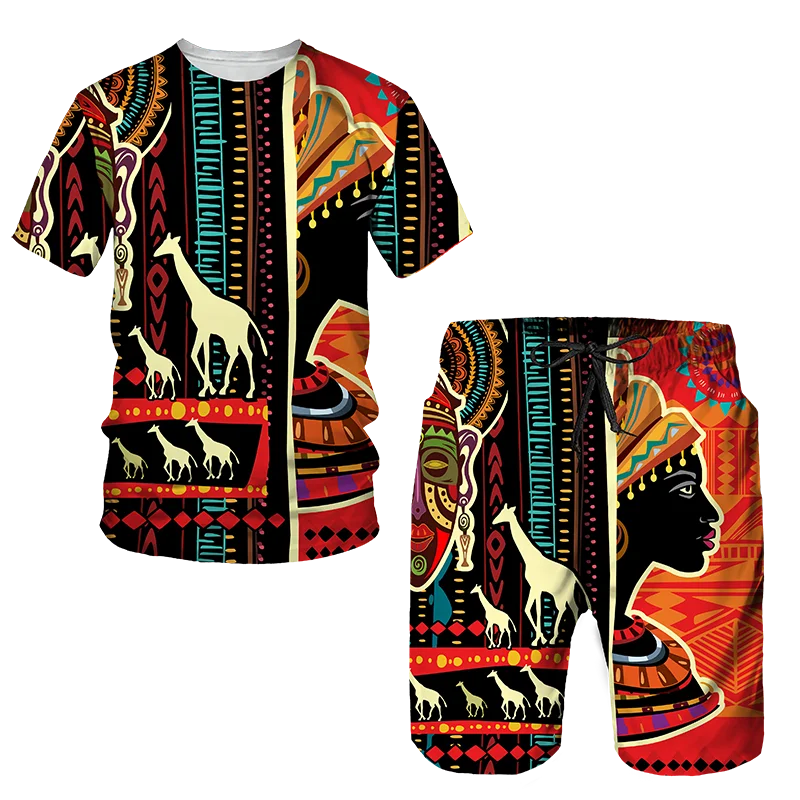 Men's African Style Summer Tracksuit Ethnic Totem Print T-Shirt Shorts Set Casual Clothing Vintage Oversized Fashion Outfits