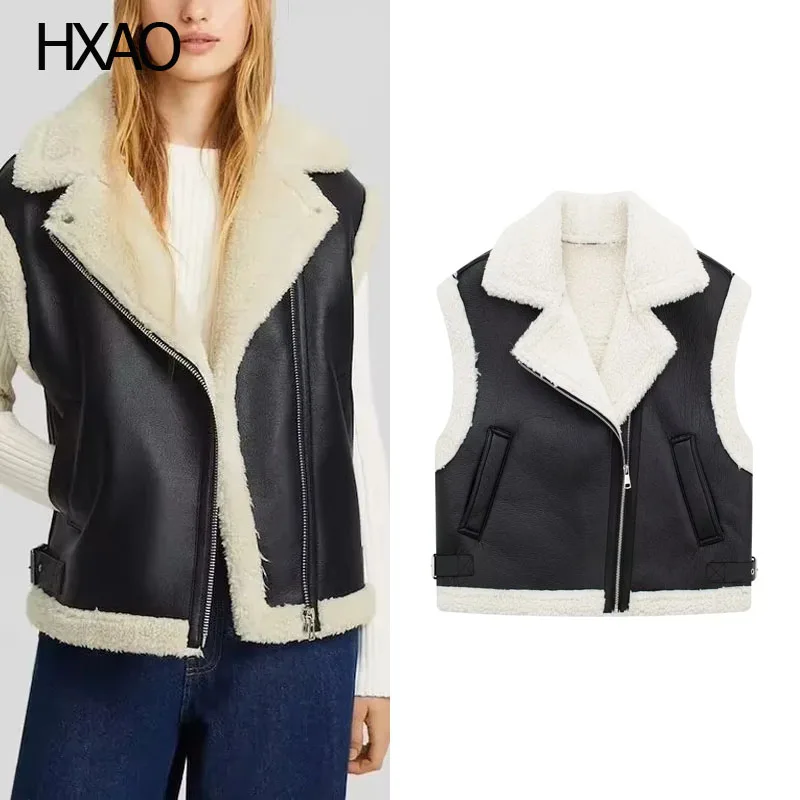 

HXAO Vests For Women Winter Black Faux Leather Vest Cropped Waistcoat Sleeveless Short Leather Coats Warm Bomber Jackets Vest