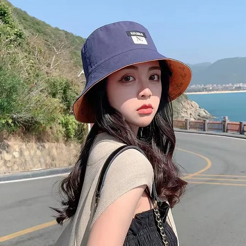 Women Bucket Hat Double-sided Wear Korean Fashion Letter Print Fisherman Hat For Girl Summer Outdoor Beach