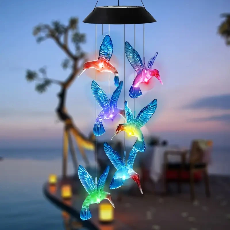 1/2pc Solar Blue Hummingbird Wind Chime Light LED Hummingbird Courtyard Wind Chime Light Landscape Light Courtyard Light