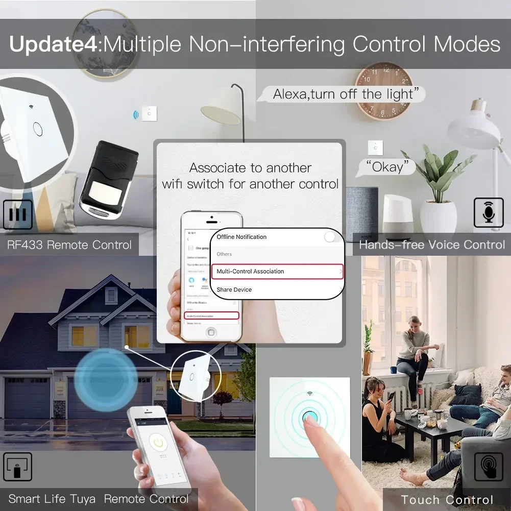 MOES NEW WiFi RF433 Smart Touch Switch 2/3 Way Smart Life/Tuya App Control,Alexa Google Home Voice Control 1/2/3 Gang EU — view 4