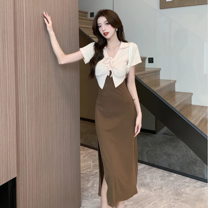 

2024 Summer New Women Fake Two Piece Stitching Dress Female Slim Package Hip Dresses Ladies Short Sleeve Split Vestidos X389