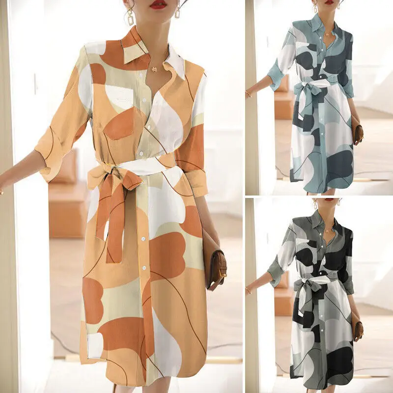 

Женская рубашка средней длины, элегантная повседневная рубашка с геометрическим принтом крыльев, разрезом сбоку, поясом и пуговицами