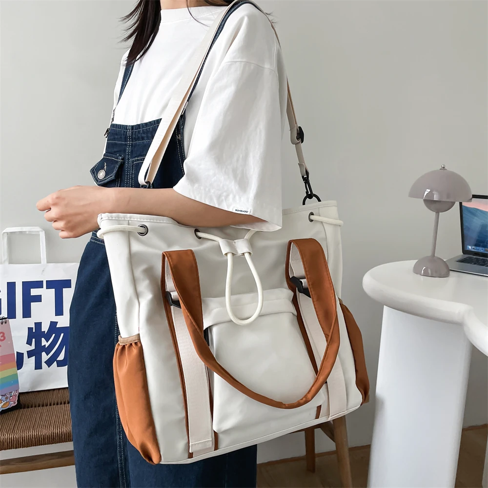 Splash-proof Nylon Fabric Shoulder Crossbody Bags For Women Multi-pocket Drawstring Tote Bag Large Capacity Student Book Handbag