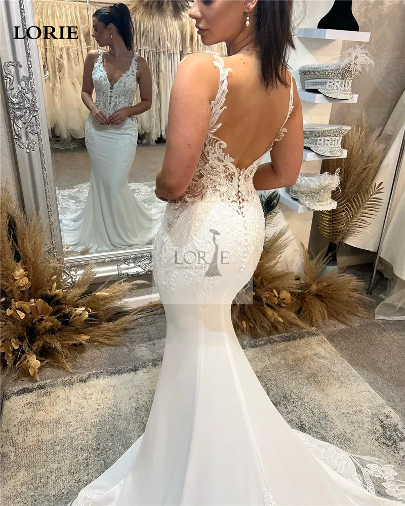 LORIE Sexy V Neck Mermaid Wedding Dresses Backless Satin Sleeveless Bride Dress Elegant Lace Modest Wedding Gowns 2023Customized 3