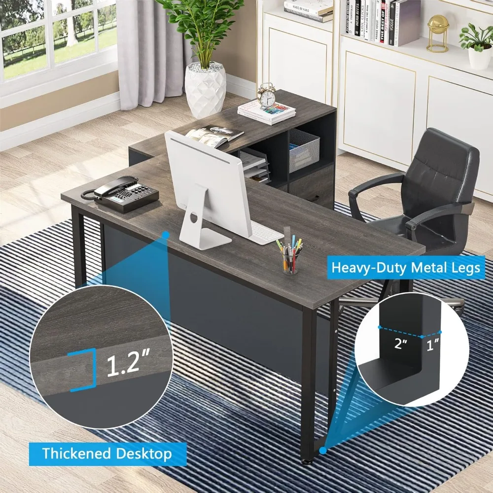 Executive Desk and 43" lateral File Cabinet, L-Shaped Computer Desk Home Office Furniture with Drawers and Storage Shelves