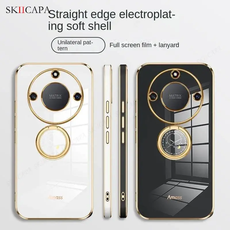 Electroplate Silicone Lanyard Phone Case with Ring Holder and Stand Feature