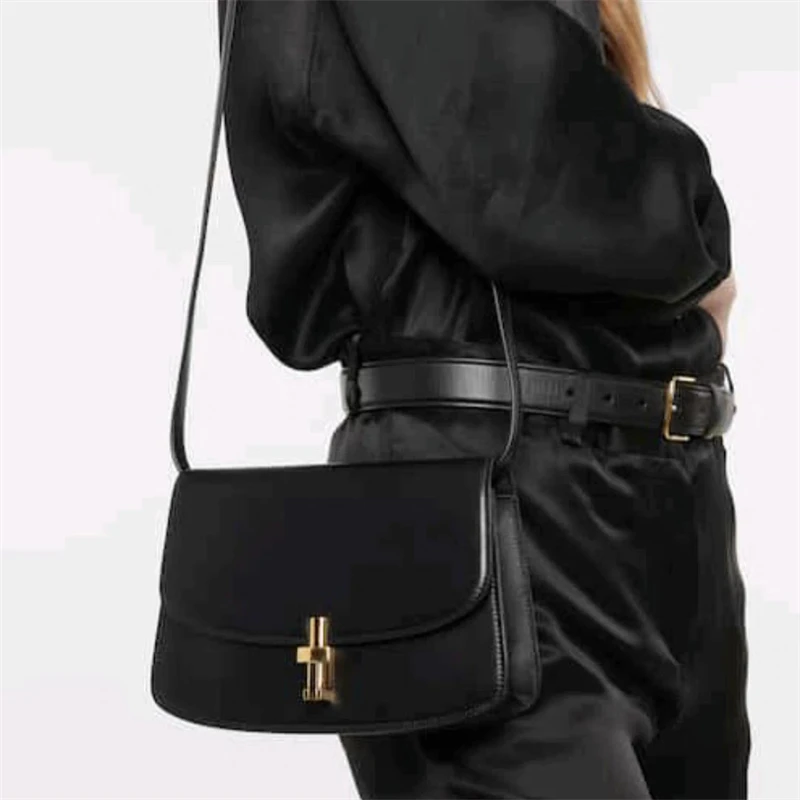 

Cowhide 2023 Retro Trendy T-shaped Women's Metal Buckle Bag Women Row Mini Portable Flap HandBag Elegant Women Bag