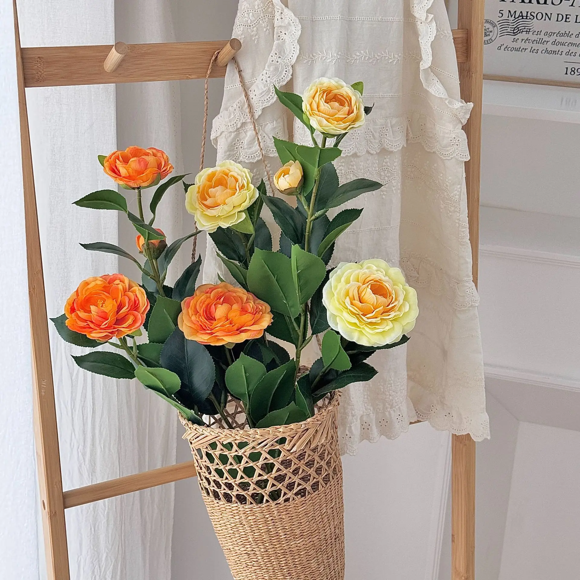 Elegant Artificial Camellia Branch Faux Flowers for Home Decoration and Photography Prop