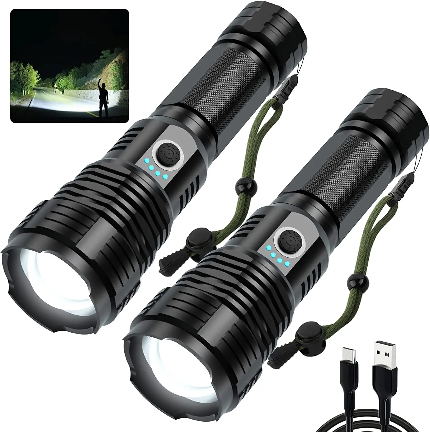 D2 2pcs Led Rechargeable Super Bright Flashlight High Powered