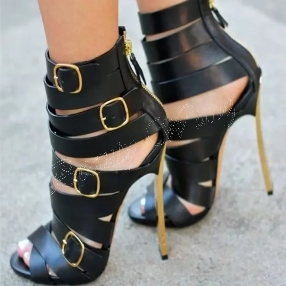

Black Cross Band Metal Heel Sandals Buckle Decor Zipper Thin High Heel Shoes for Women Runway High Heels 2023 Zapatillas Mujer