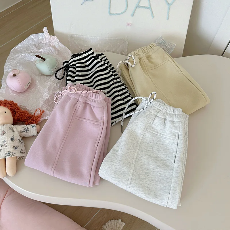 Spring Toddler Girl Sweatpant Cotton Stripe Loose Drastring Infant Baby Girl Track Pant Versatile Candy Color Kid Pant