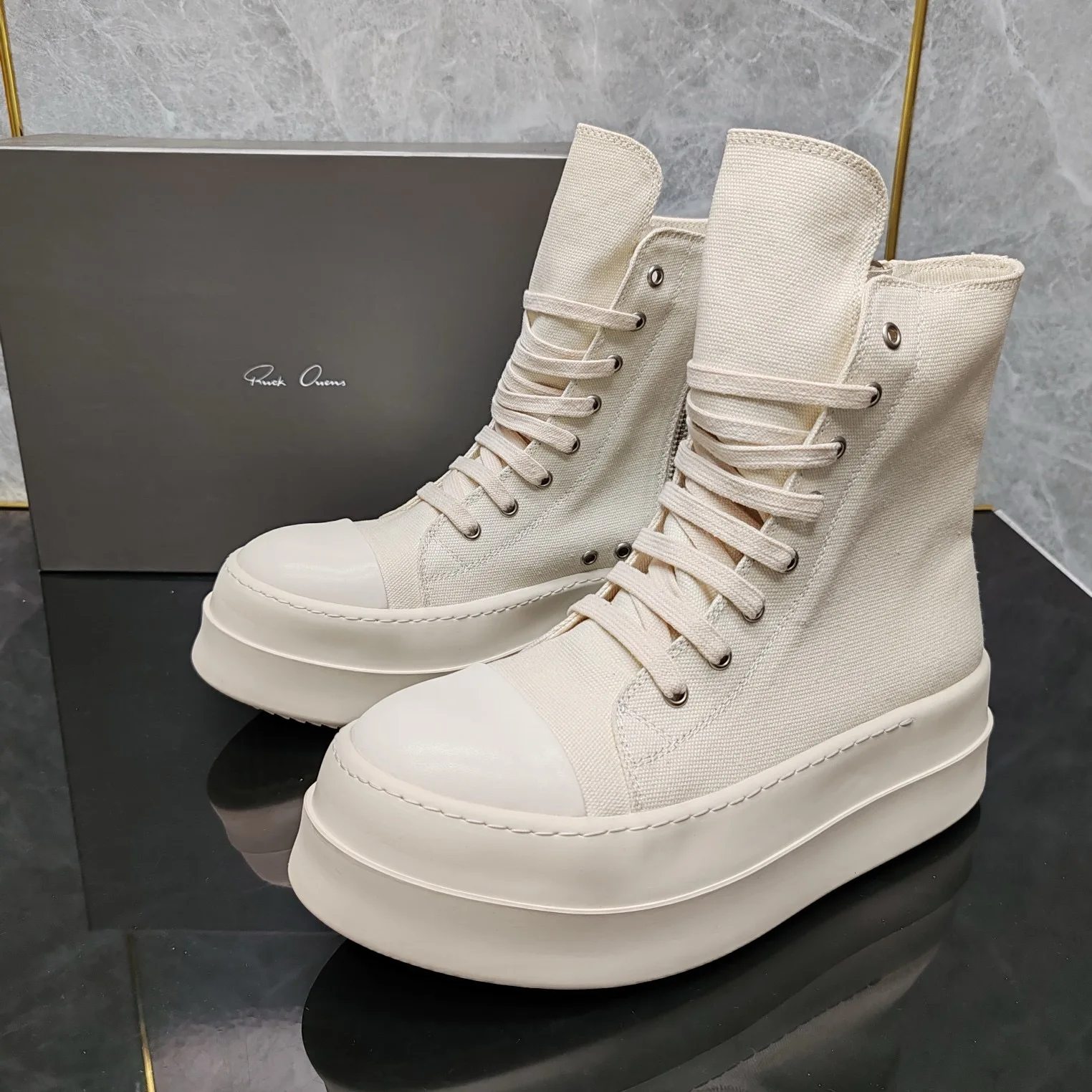 Ricks shoes beige canvas high boots thick and low loose high shoes fashion men's and women's high shoes tide men's shoes boots. 3
