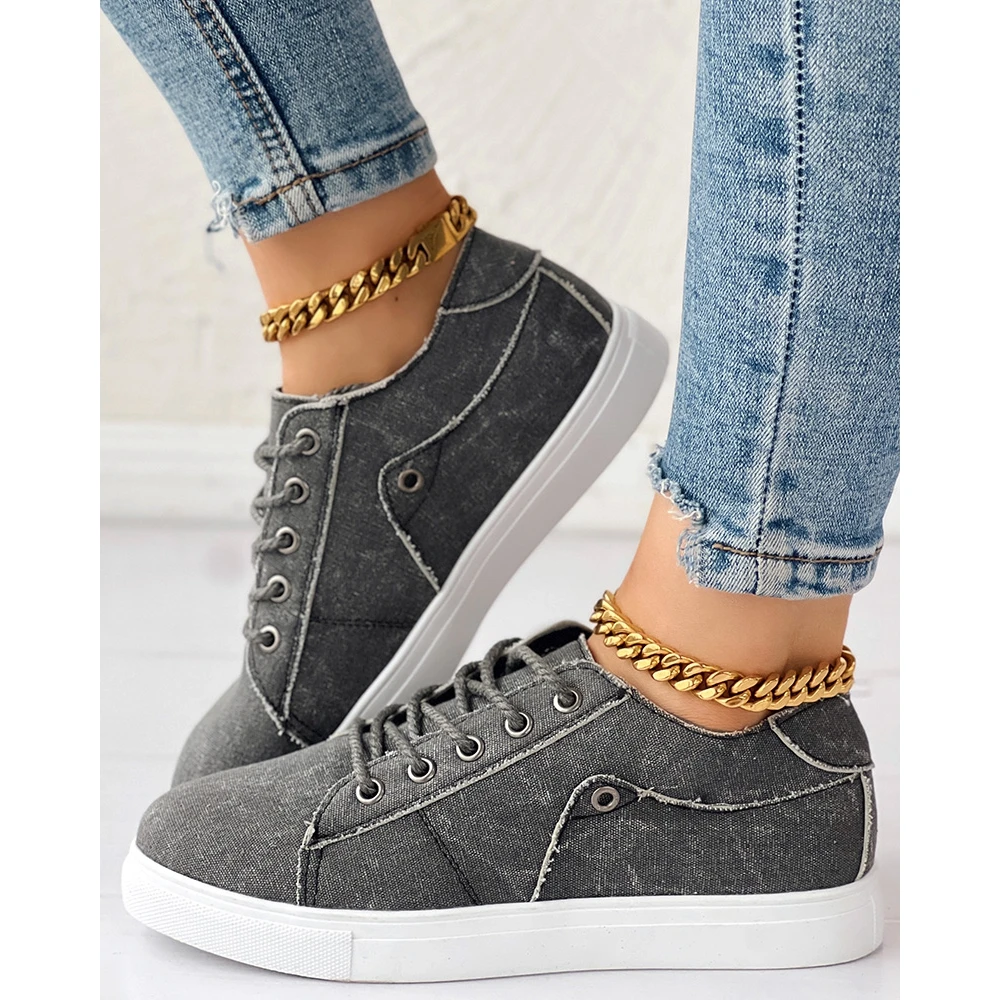 

Fashion Women Lace-up Sneakers Autumn Daily Casual Raw Hem Round Toe Sports Shoes 2024 Korean Style Spring Going Out Flats