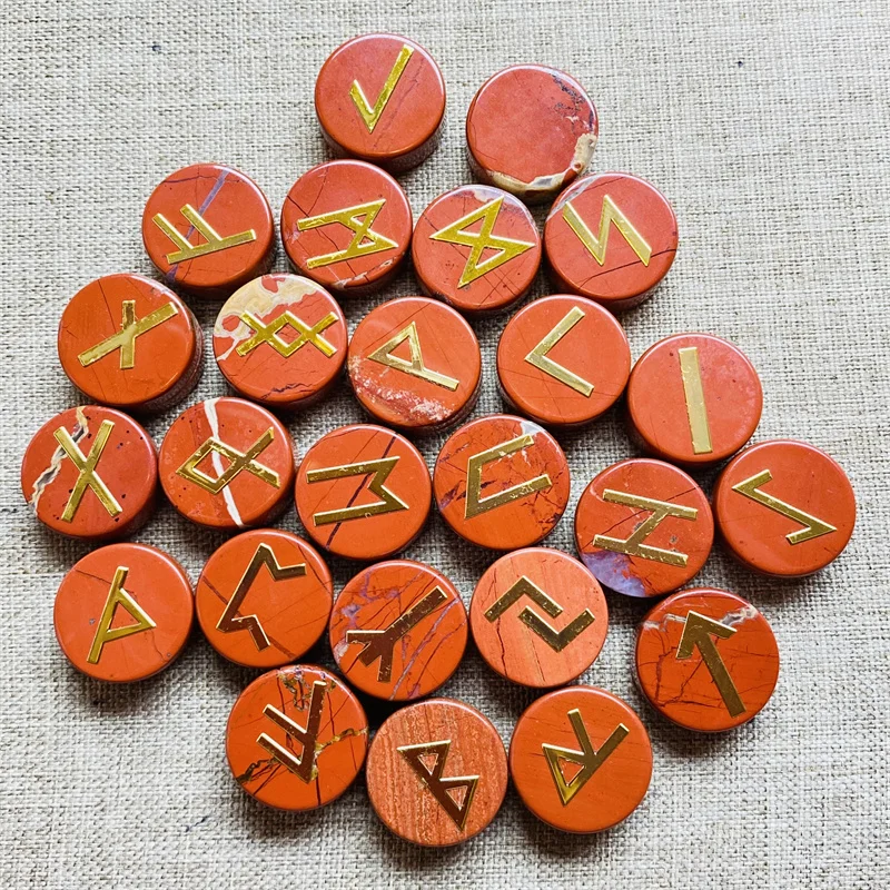 25pcs/Lot Natural Red Jasper  Runes Amulet Set Reiki Healing Crystals Divination Tumbled Round ​Stone Wholesale