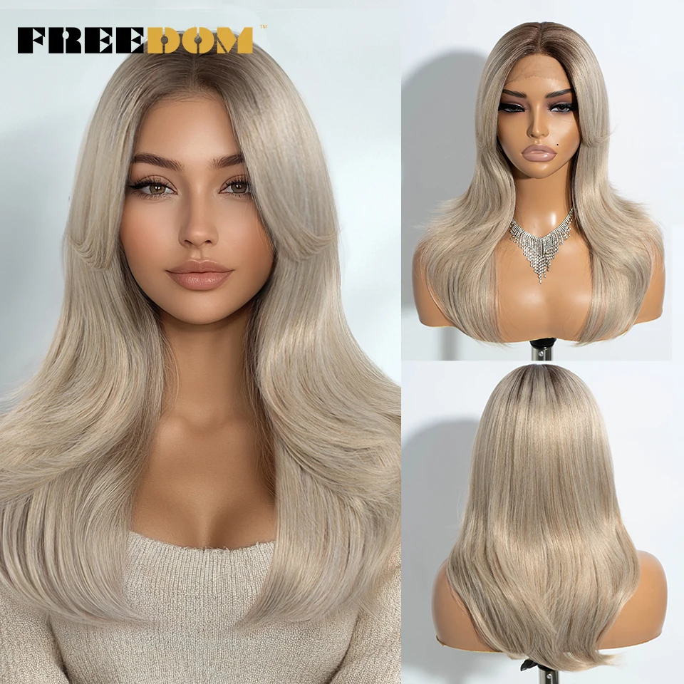 Synthetic Wig Lace Front Wig for Women 20 Inch Straight Ombre Blonde Brown With Bangs Cosplay