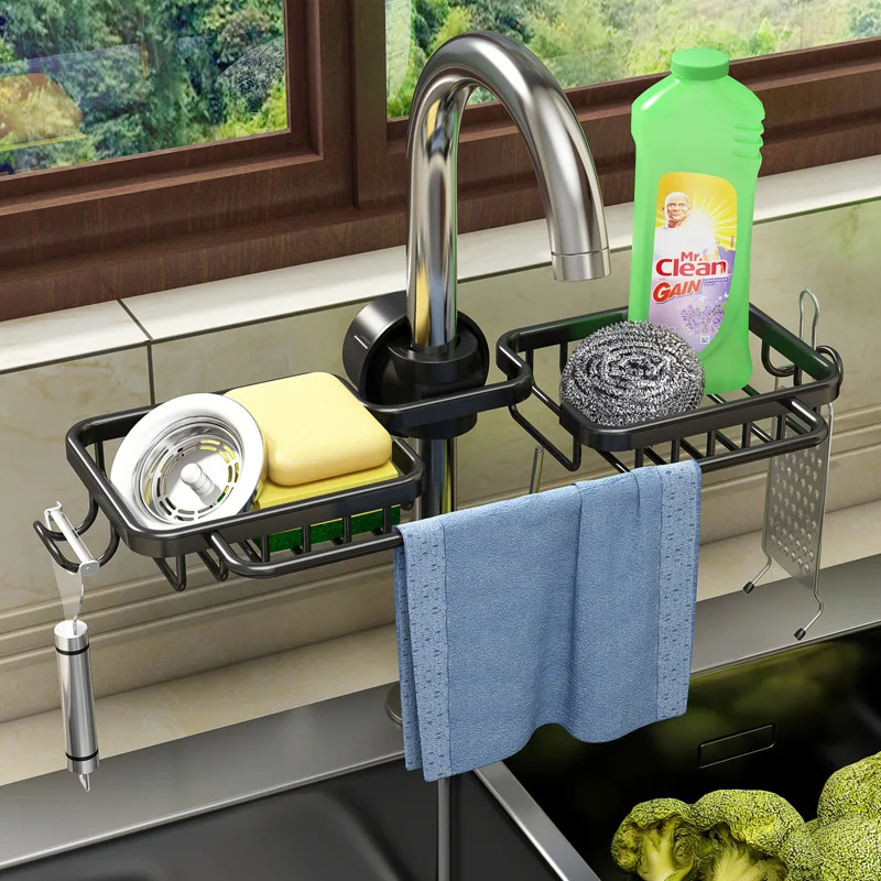 

Kitchen Sink Drain Rack Sponge Storage Faucet Holder Soap Drainer Space Aluminum Shelf Basket Organizer Bathroom Accessories