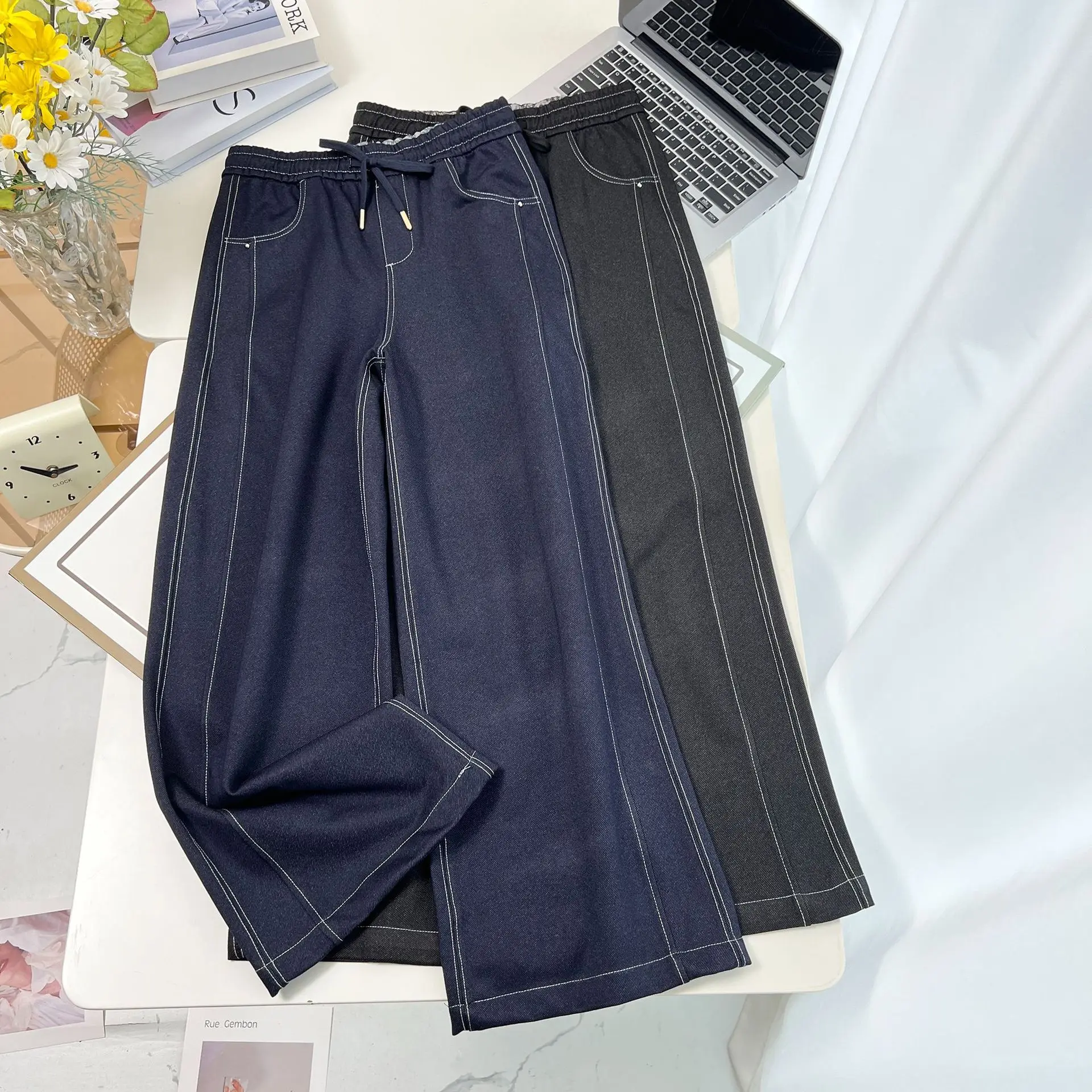 XXXXL Fashion Plus Size Women's Jeans New Autumn 2025 Casual Drawstring Denim Straight Leg Long Pants 26003