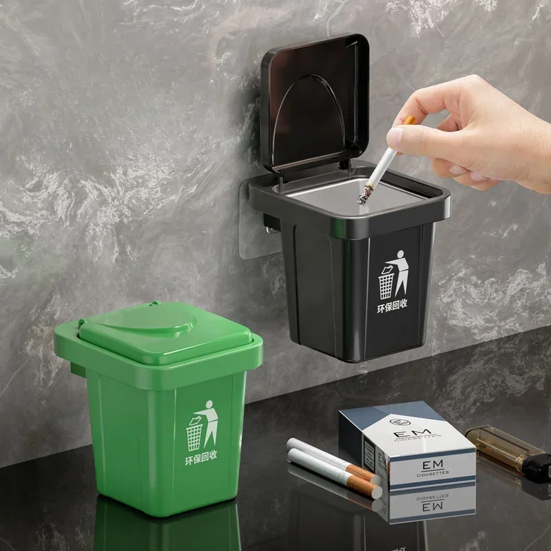 Trash can ashtray with lid stainless steel ashtray bathroom wall hanging notch anti-fly ash ashtray stainless steel ashtray metal ashtray