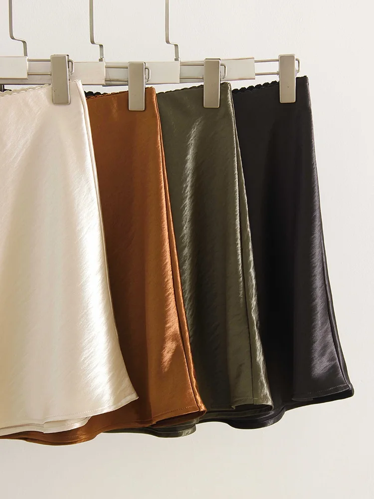 Black Satin Mini Skirts Women Summer Elegant A Line Skirt Ladies Office Beige Elastic Waist Women's Short Satin Skirt Brown 2026