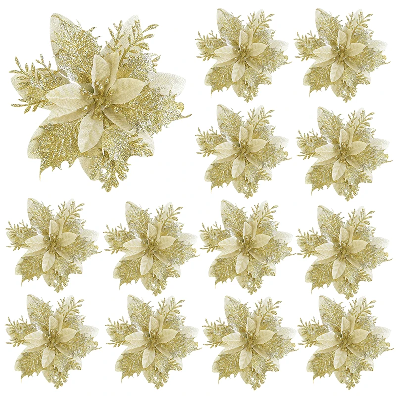 10/5PCS 14cm Glitter Gold Red Christmas Flower Artificial Poinsettia Flower Head for Xmas Tree Decoration Home New Year Navidad Gift