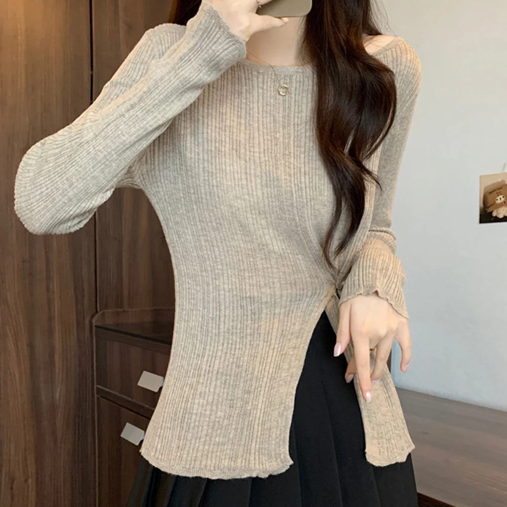 Autumn Winter Knitted Sweater Long Sleeve Solid Color Slim Fit