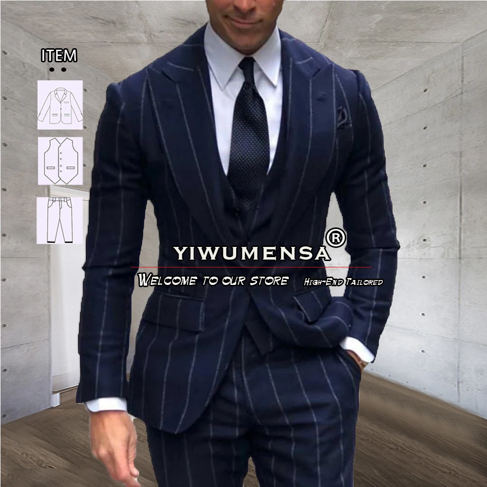 

Navy Suits Men Fashion Stripes Blazer Pants Latest Design 2 Pieces Groom Wear Wedding Tuxedo Tailor-Made Business Office Wear