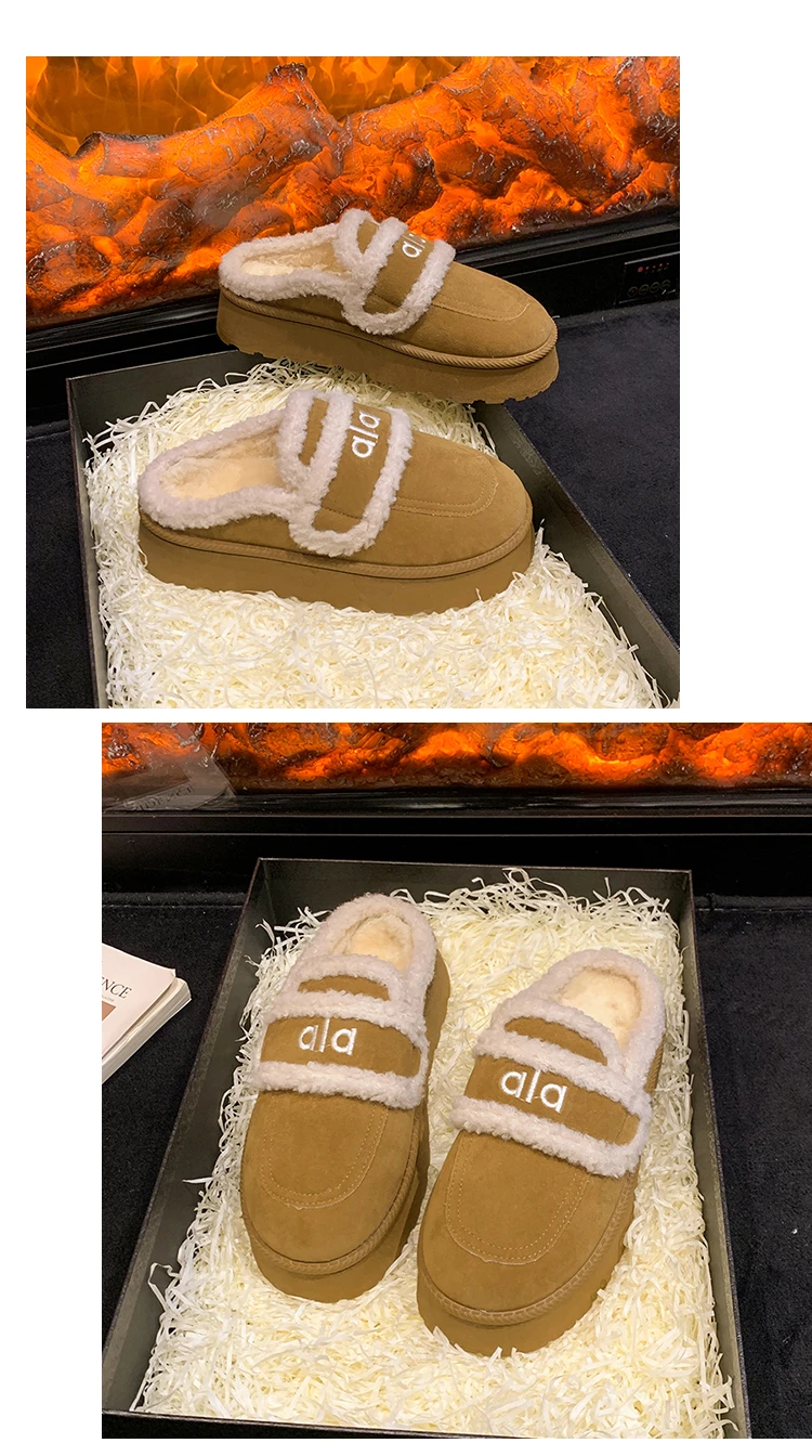 2023 Winter Neue Mode Retro Warme Dicke Sohlen Plüsch Halbe Hausschuhe für Frauen Stil Bequeme Vielseitige Chunky Baumwolle Draggers – Detail 22