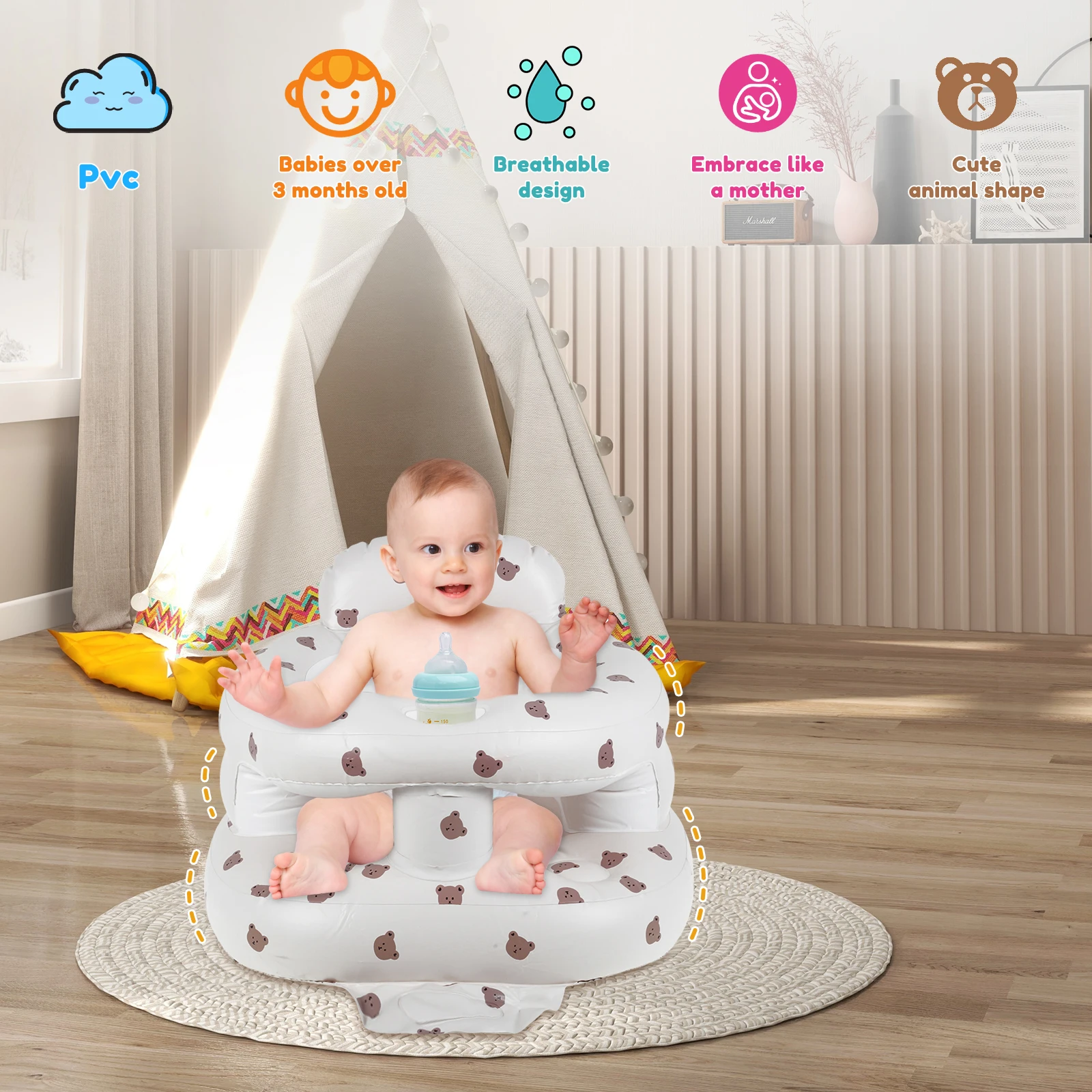 Baby Inflatable Sofa Children Infant Seat PVC Shining Foldable Portable Bath Chairs Table Stool Practice Sitting Sofa Seat 2