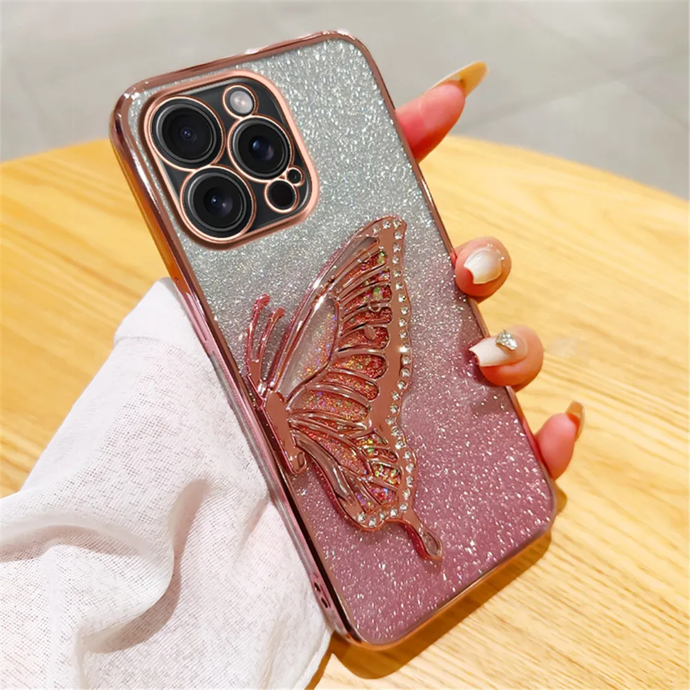 Gradient Glitter Butterfly Quicksand Plating Soft Phone Case Cover