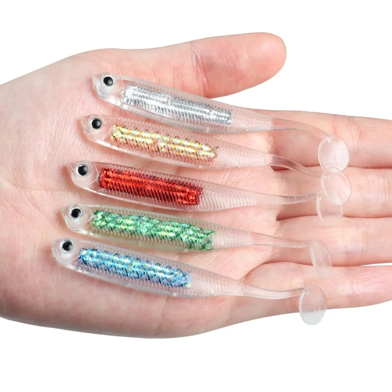 

6 шт. полые мягкие приманки ручной работы, радужная рыба, T-хвост, 8 см/2,4 г, искусственная приманка, биометрическая приманка, имитация приманки, Черная яма, китайская рыба