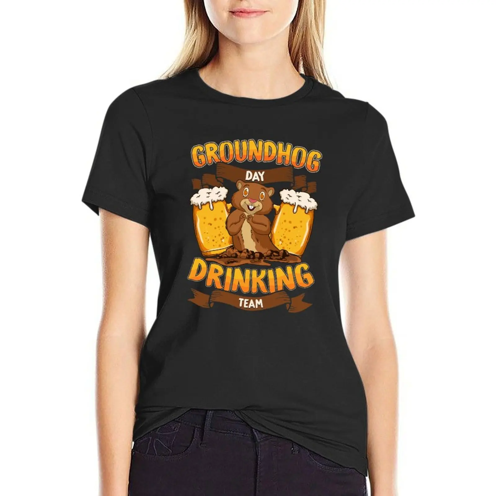 

Groundhog Day Drinking Team Beer Drinker Gift T-Shirt cute tops summer top cute clothes Female clothing Women's cotton t-shirt