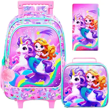 Zaino con ruote da 4 pezzi per ragazze, zaino con ruote a sirena per bambini carini, borsa da scuola con rulli unicorno con ruote per prescolare elementare 1