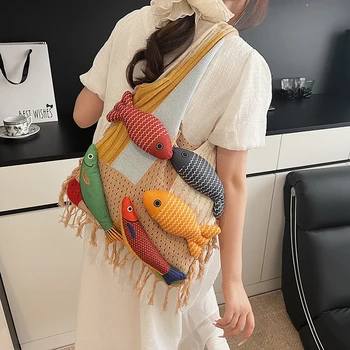 Crochet Summer Tote Handbag for Women Girls Shoulder Boho Bag Cute Tote Bag with Handmade Doll Fish for Summer Vacation