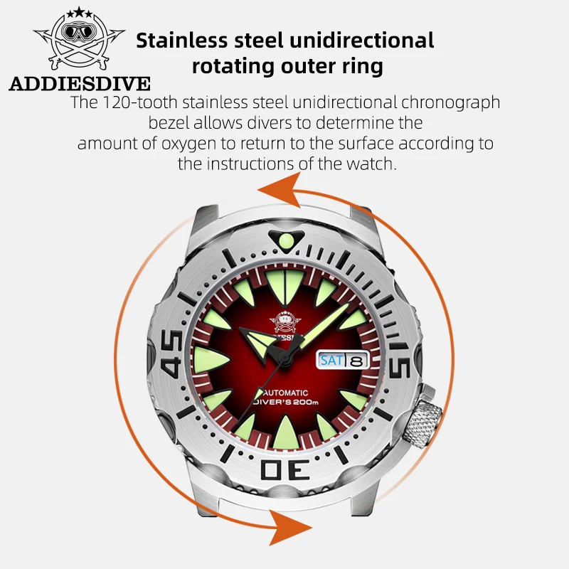 ADDIESDIVE NH36 Automatic Watch Sapphire Glass 200M Waterproof C3 Luminous 316L Steel Monster Mechanical Wristwatch for Men
