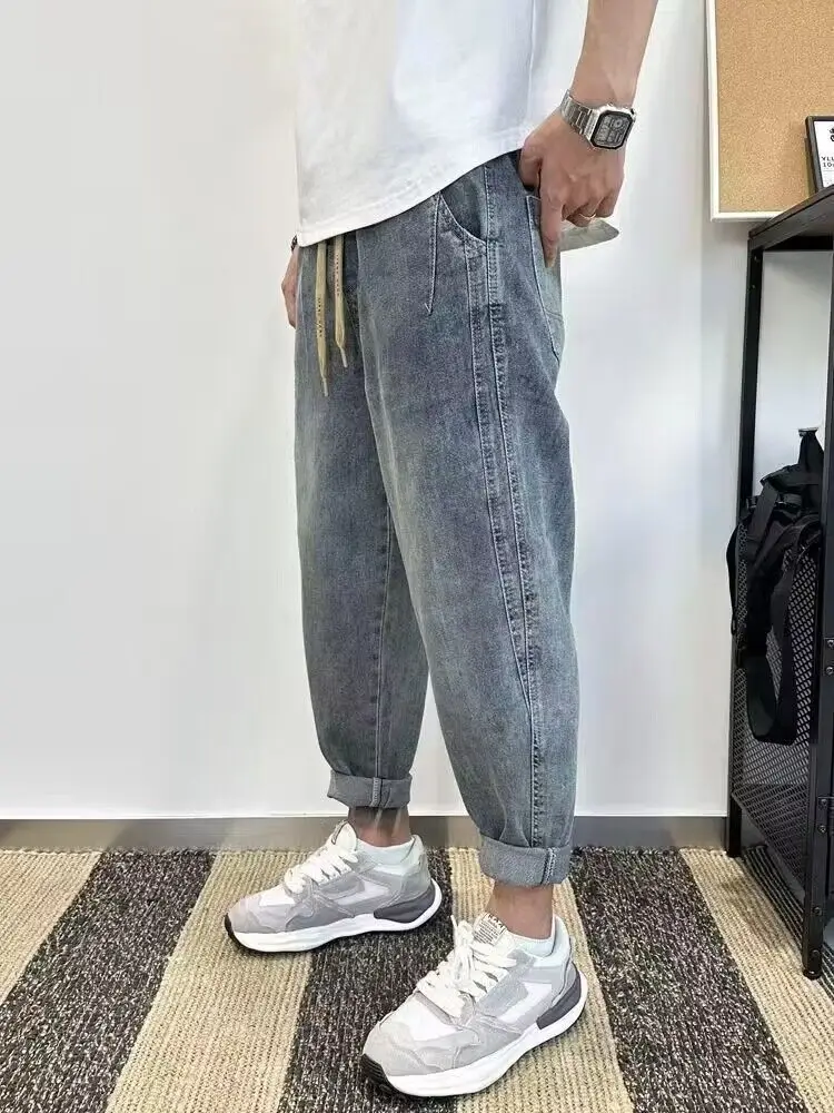 Korean Luxury Clothing Loose Drawstring Denim Harem Pants for Men Vintage Washed Elastic Waistband Jeans Baagy Cargo Pants Men