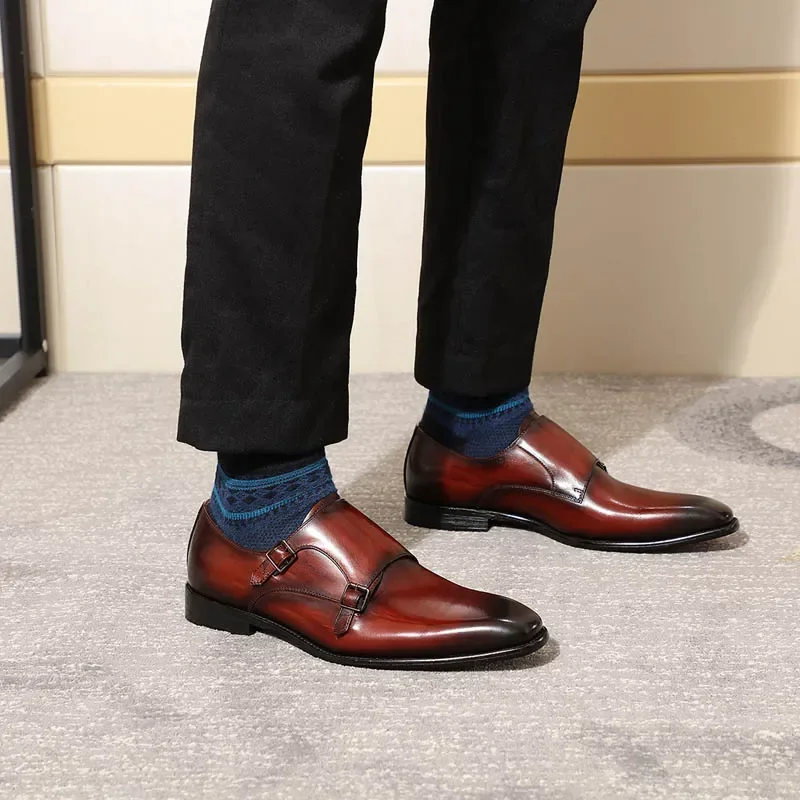 Handmade Genuine Leather Men's Oxfords Plain Toe Double Buckle Monk Strap Formal Classic Dress Shoes Size 6-13