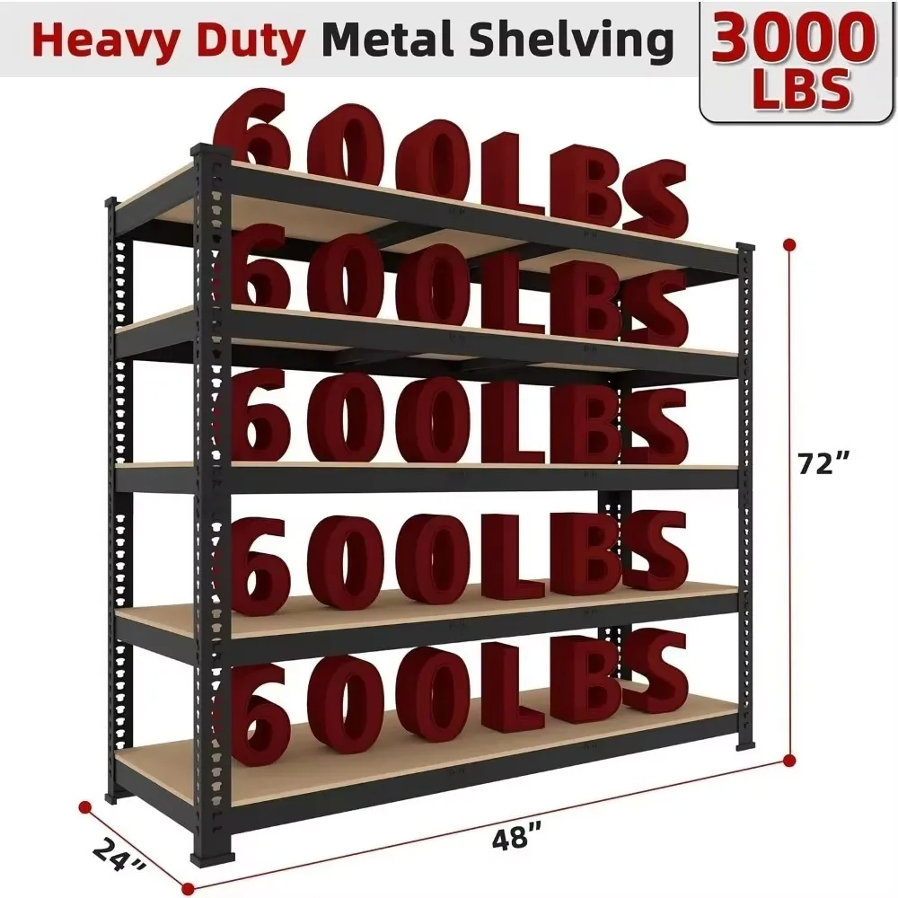 48" W x 24" D x 72" H Adjustable Garage Storage Shelves - 5-Shelf Heavy Duty Shelving Unit, Metal Utility Storage Organizer Rack 2
