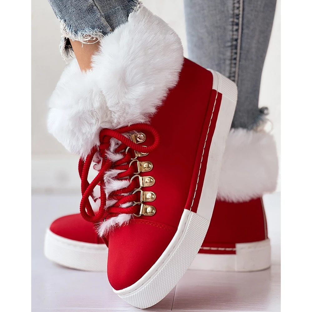 

Christmas Winter Women'S Colorblock Fuzzy Lined Lace-up Ankle Boots Casual Round Toe Flat Snow Boots Daily Korean Style New Year