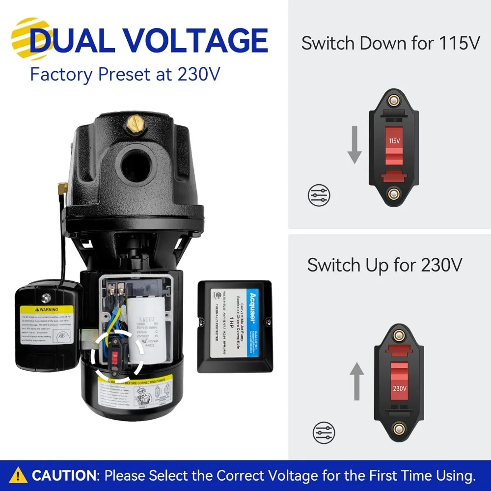 1HP Convertible Well Pump with Automatic Pressure Switch, Dual Voltage 115V/230V, Cast Iron Construction for Shallow/Deep Wells