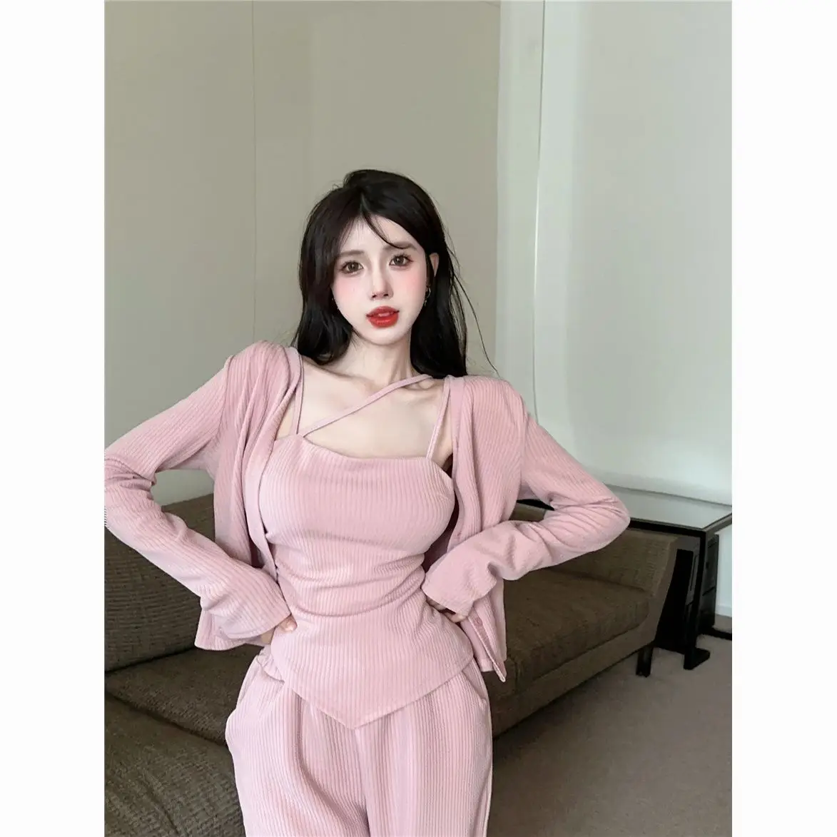 

Модный костюм-тройка, Новинка весна-осень 2023, кардиган с длинными рукавами, брюки с высокой талией и широкими штанинами, повседневный женский костюм