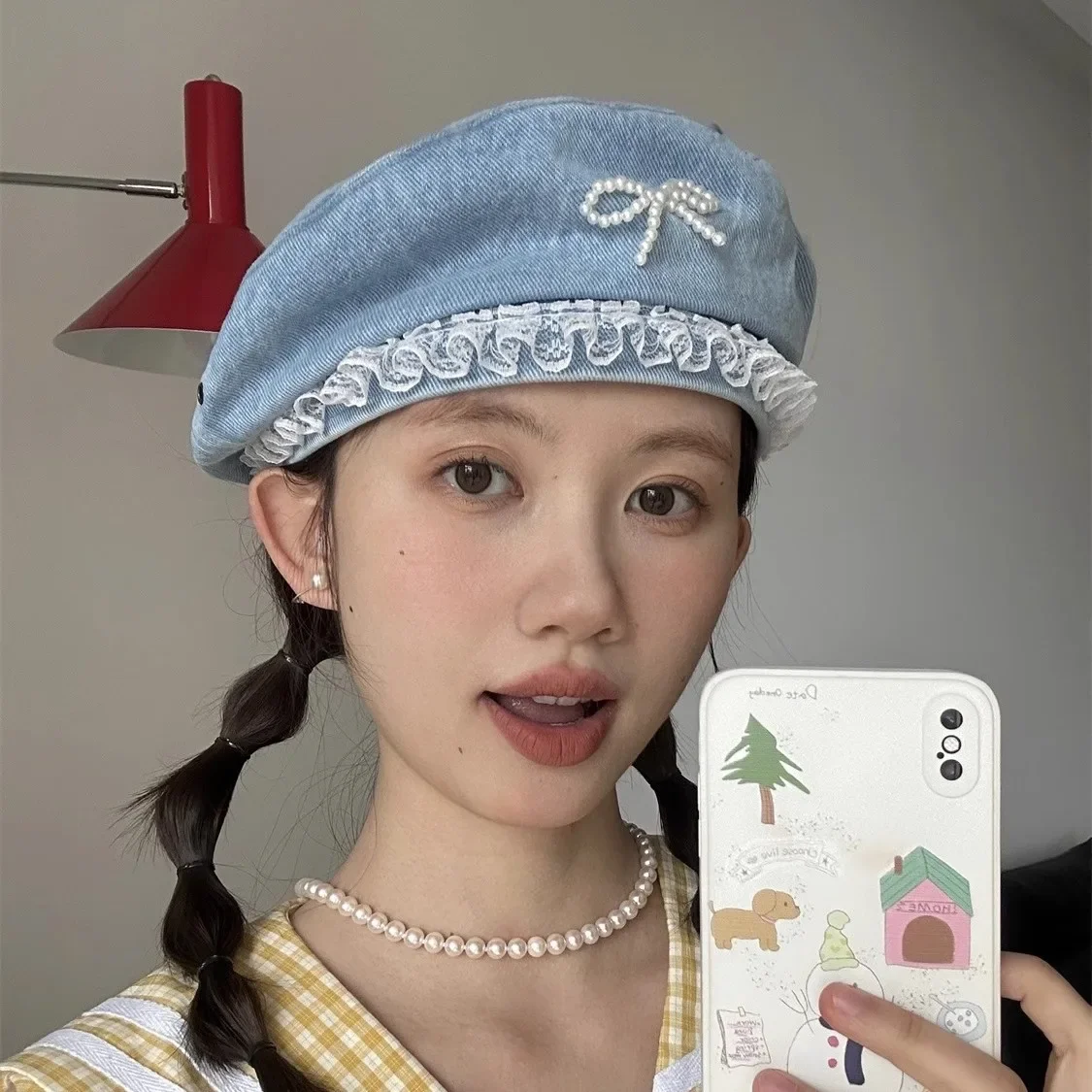 Denim Pearl Bow Kont Beret Cap Korean Vintage Y2k Lace Hat Summer Designer Female Thin Denim Beach Travel Sunscreen Painter Cap 3