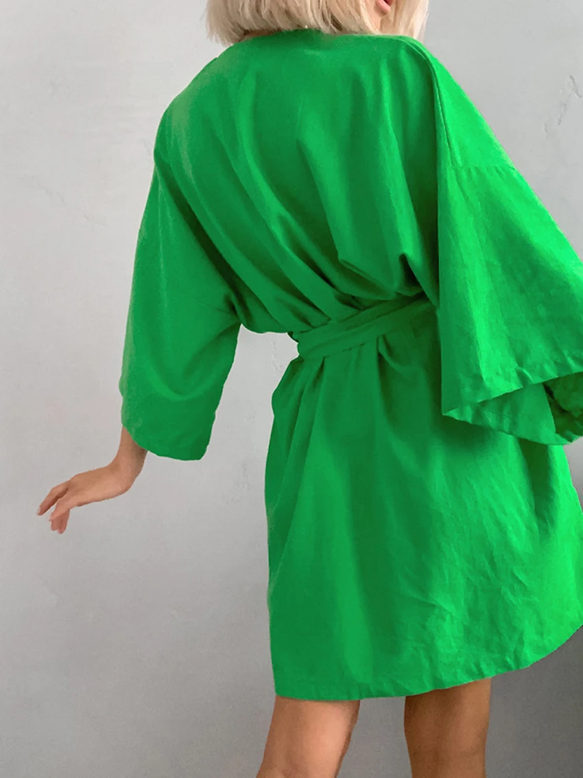 Marthaqiqi Fashion Ladies Robe Sexy V-Neck Bathrobe Long Sleeve Pajamas Lace Up Sleepwear Mini Dress Casual Home Clothes Women