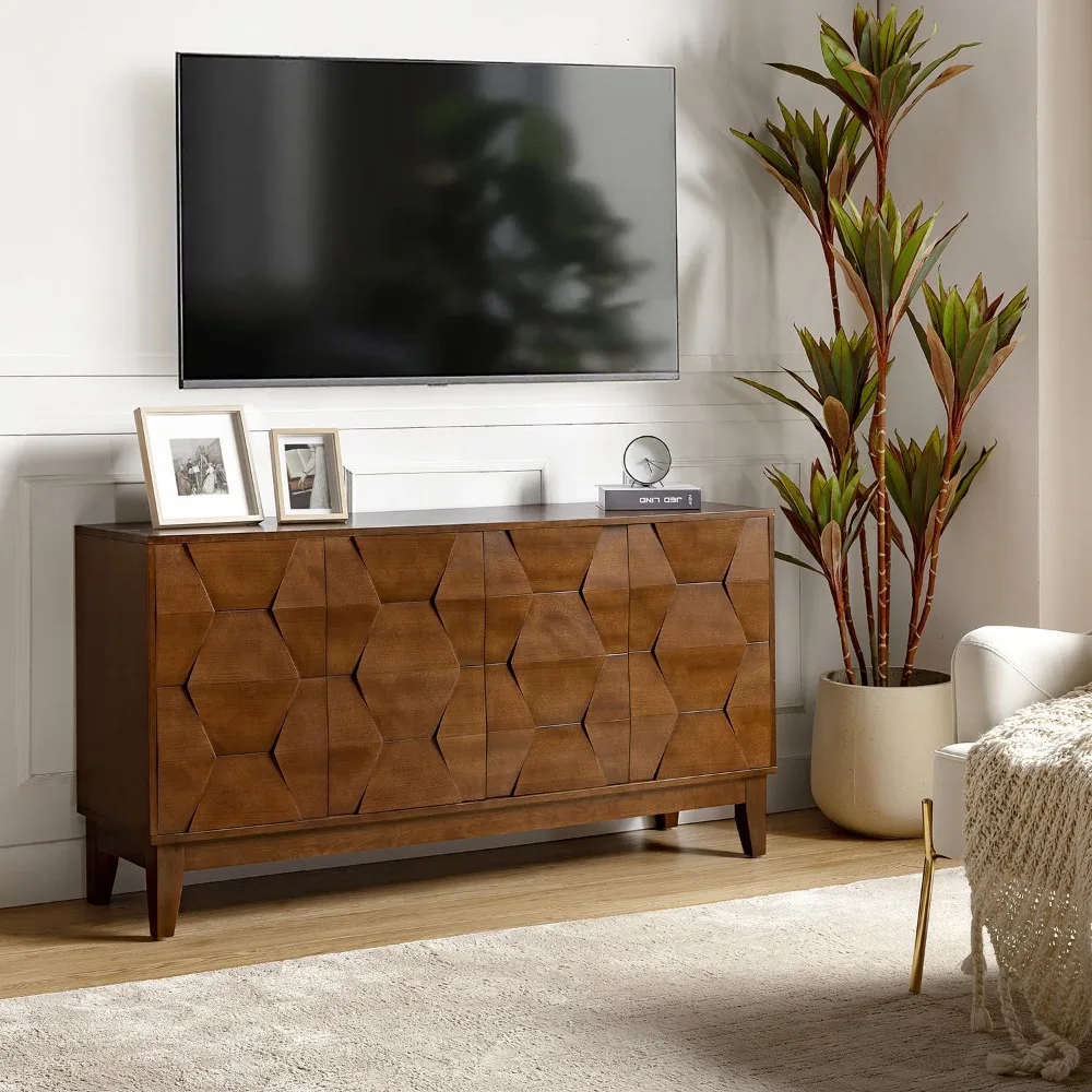Sideboard Buffet Cabinet with Solid Wood Legs, 60" Kitchen Storage Credenza with 4 Doors and 2 Shelves, Cabinet for Dishes