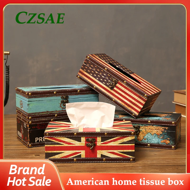 

1pcs American Home Tissue Box Restaurant Tissue Storage Box Retro Leather with Lock Creative Home Napkin Decorative Ornaments