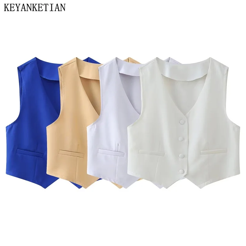 

KEYANKETIAN 2024 New Launch Women's Thin Waistcoat Summer Single Breasted V-Neck Sleeveless Vest Slim Simply Leisure Crop Top